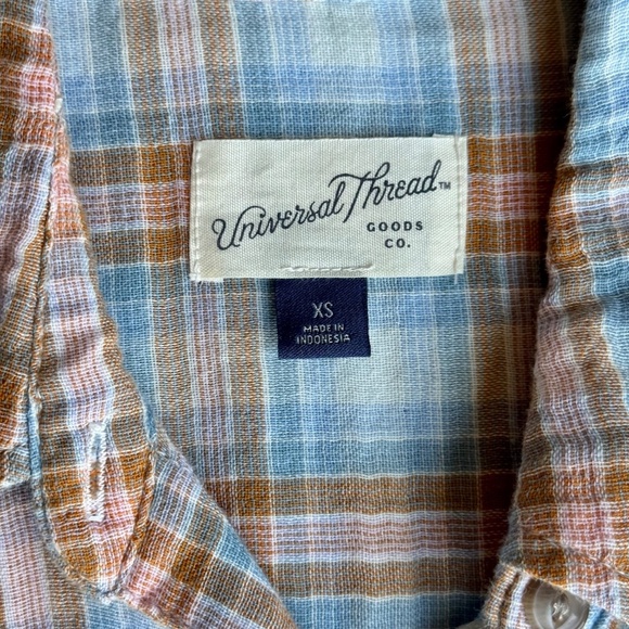 Universal Thread Blue/Tan Plaid Gauzy Cotton Button-Up Shirt Chest Pocket SizeXS - Picture 4 of 11